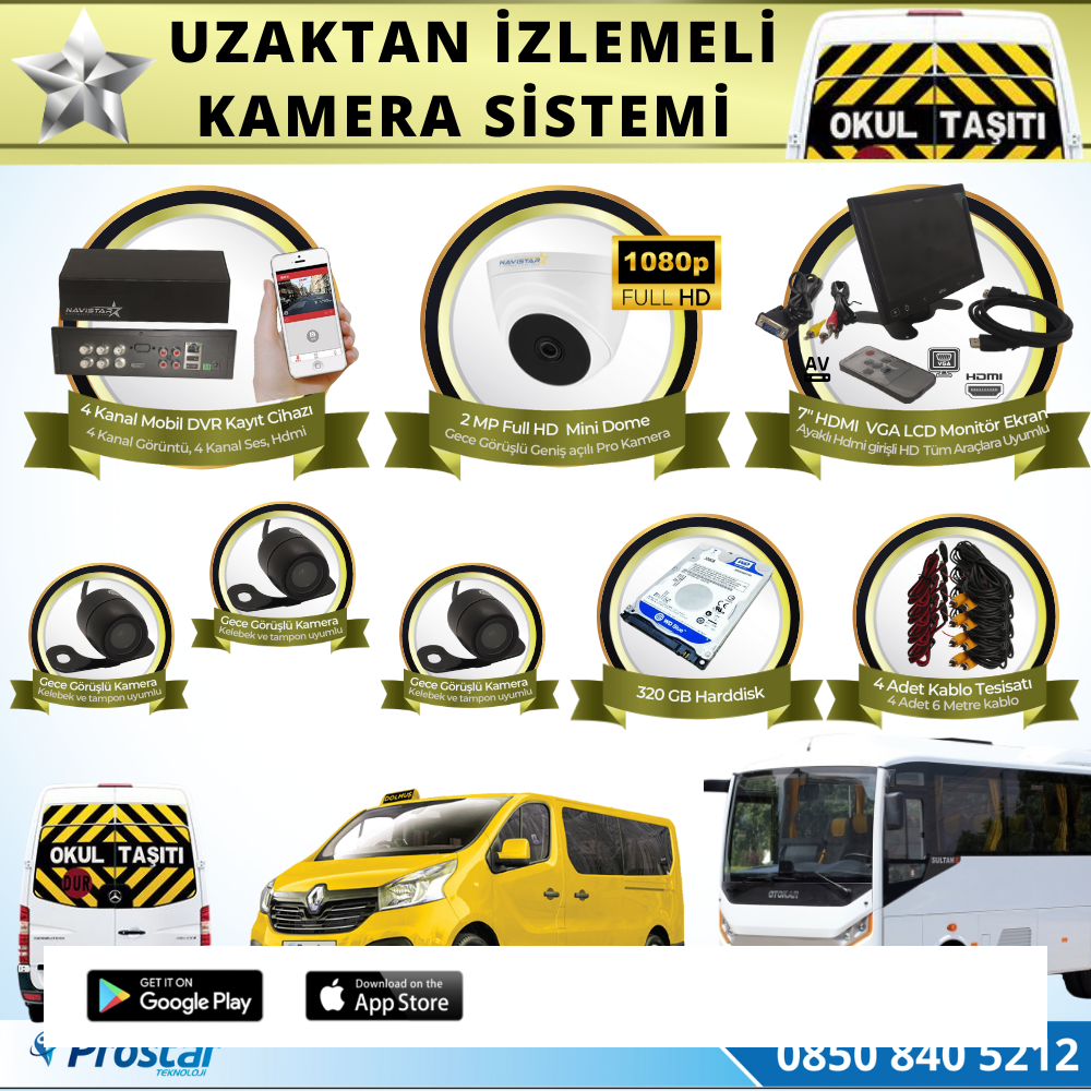 Okul Servis Kamera Sistemi Seti Uzaktan Izlemeli 4 Kameralı 7" Hdmi Monitör 320 Gb Harddisk Dahil