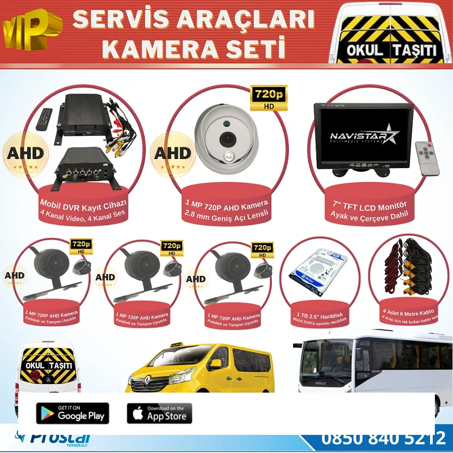 Okul Servis Kamera Seti 4 Kameralı 7" Monitör 4 Kameralı 1 Tb Harddisk Dahil