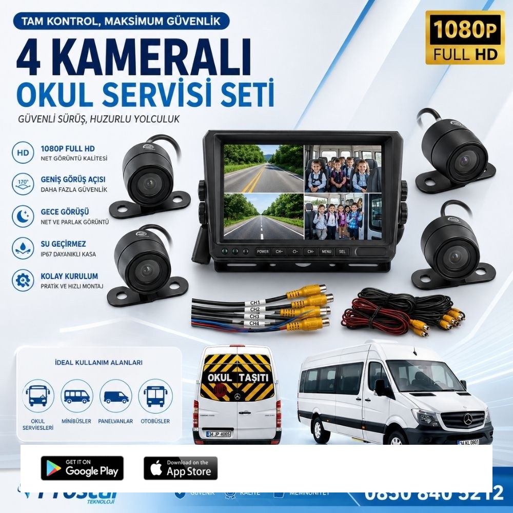 Kayıtlı 4 Kamera Dahil 7 inç Monitörlü Araç Kamera Seti 256 GB Sd Kart Desteği