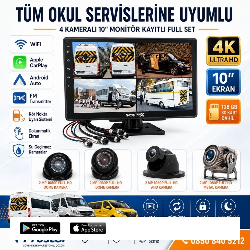 Kayıtlı 4 Kameralı 10 Inç Dokunmatik Ekranlı 128 Gb Sd Dahil Servis Okul Kamera Seti