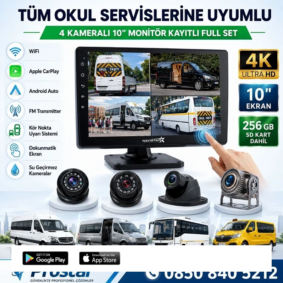 256 Gb Sd Dahil Kayıtlı 4 Kameralı 10 Inç Dokunmatik Ekranlı Servis Okul Kamera Seti