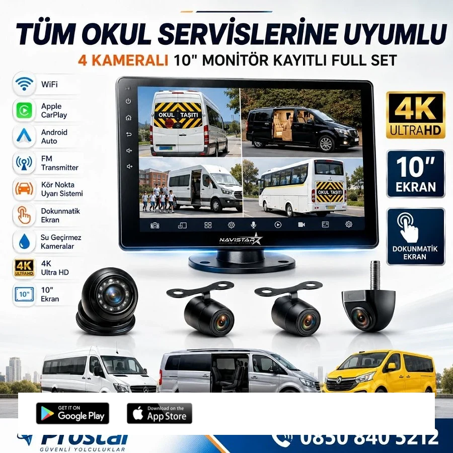 Kayıtlı 4 Kameralı 10 Inç Dokunmatik Monitör 256 Gb Sd Destekli Okul Servis Kamera Seti