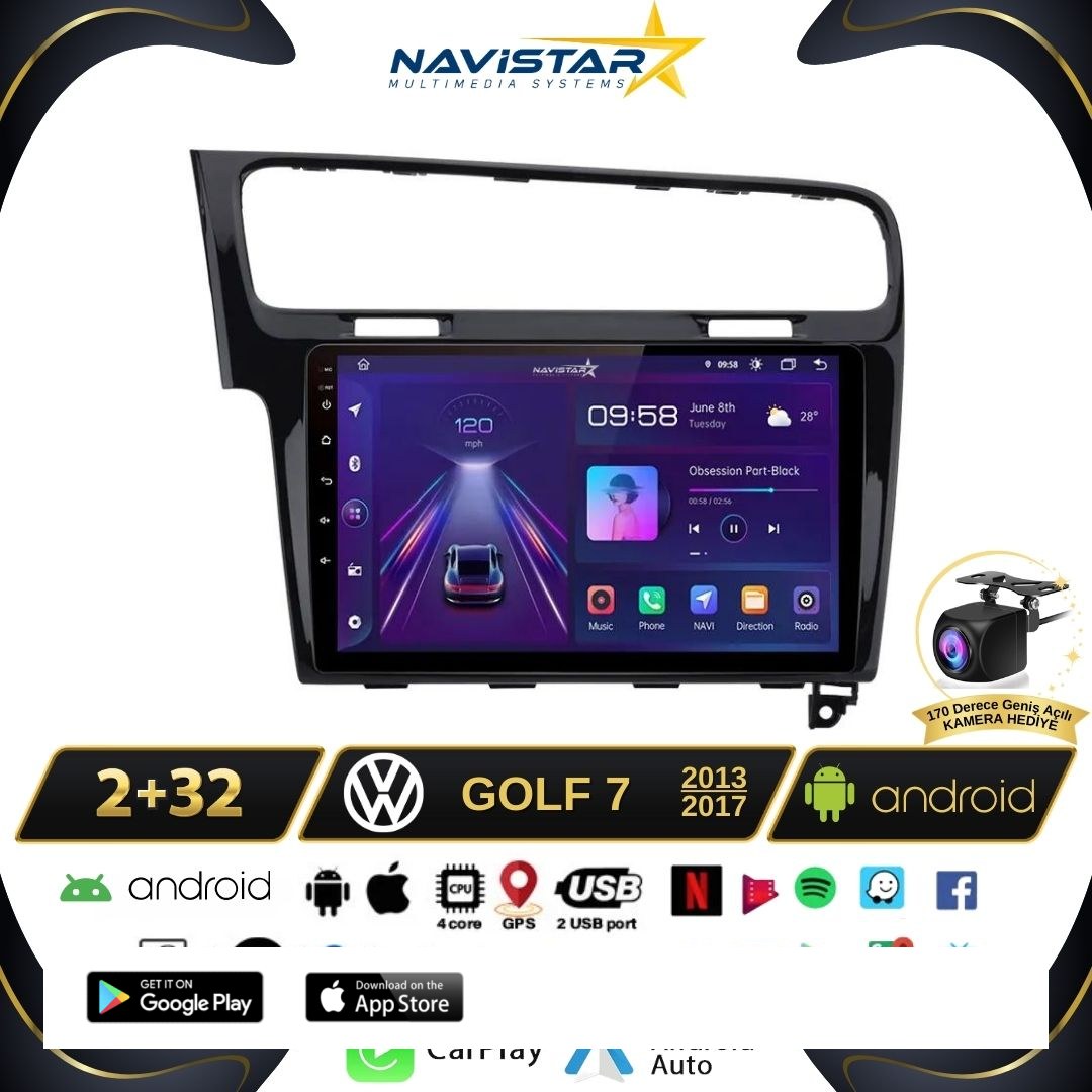 Vw Golf 7  Kablosuz Carplay 2+32 GB Android 13 Navigasyon Multimedya Sistemi