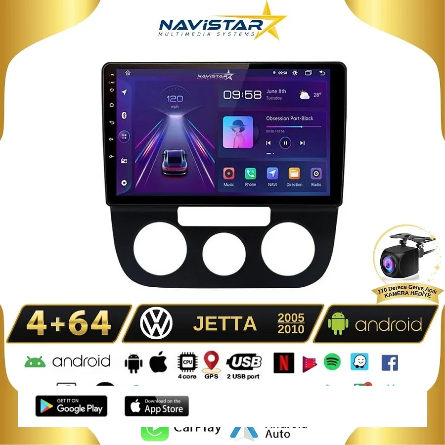 Volkswagen Jetta 4GB + 64GB Android 13 Kablosuz Carplay 2005-2010 Navigasyon Multimedya Sistemi
