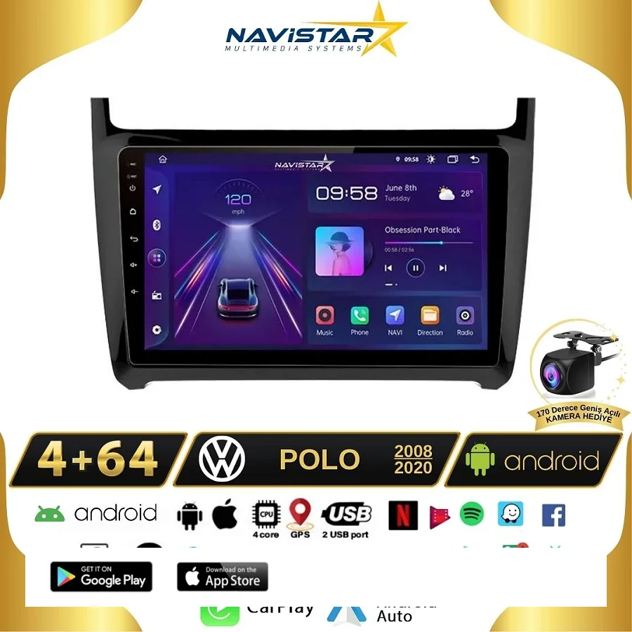 Volkswagen Polo 4GB + 64GB Android 13 Kablosuz Carplay 2008-2020 Navigasyon Multimedya Sistemi