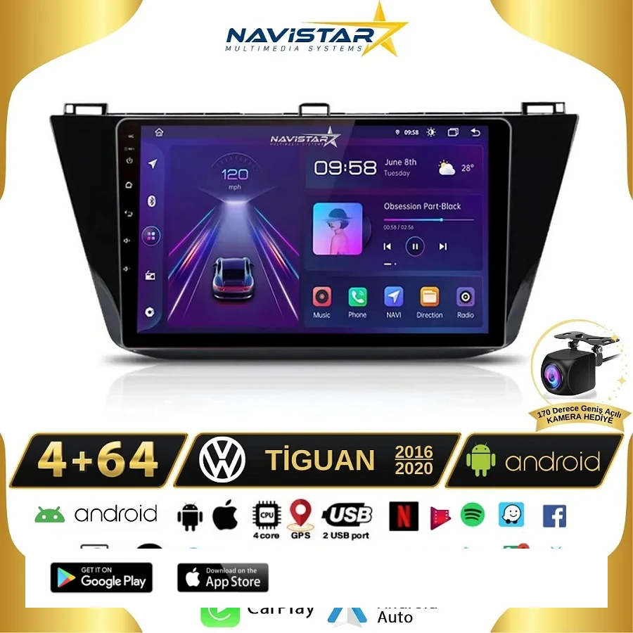 Vw Tiguan 4GB + 64GB Kablosuz Carplay 2016-2020 Android 13 Navigasyon Multimedya Sistemi