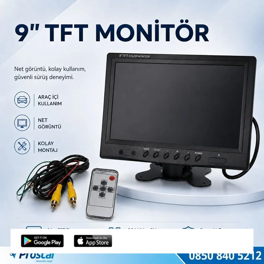 Araç Içi Monitör Büyük Ekran 9 Inç Tft Lcd 2 Kamera Girişli 5 Pinli Ve Rca