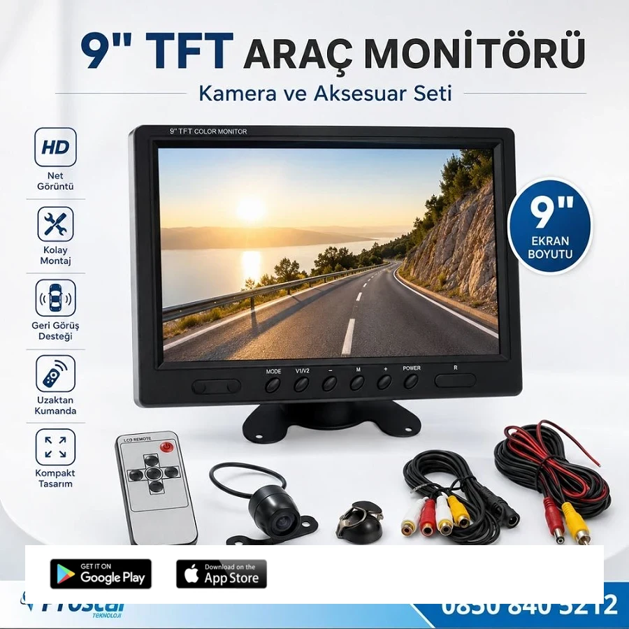 Araç Içi Monitör 9 Inç Büyük Ekran + 1 Adet Kamera Kelebek Ve Tampon Uyumlu Hediyeli