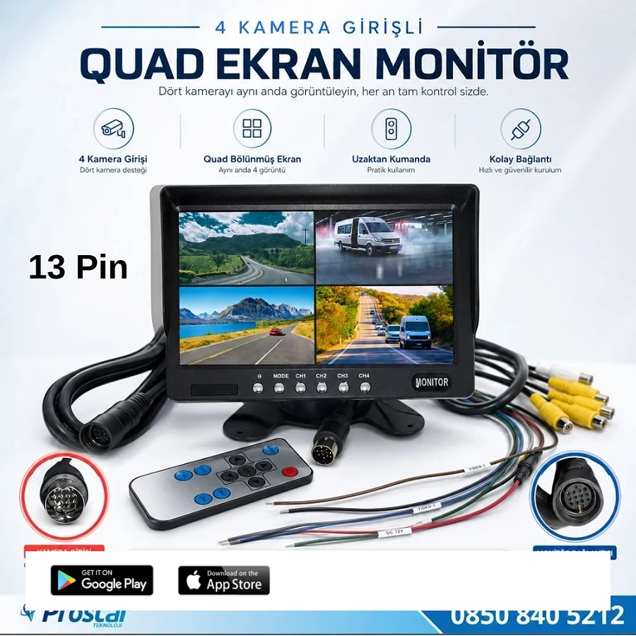 Orjinal 7" Dörde Bölünür Araç Monitörü 13 Pin Çıkışlı 4 Kamera Girişli Ekran