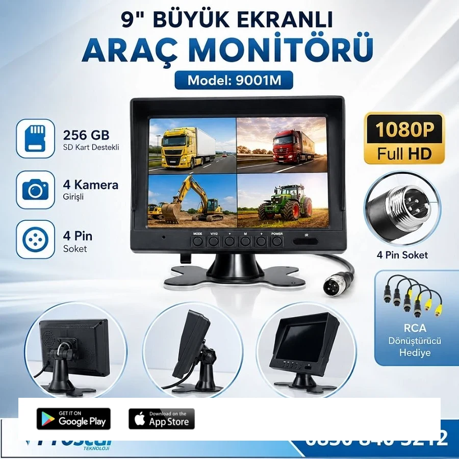 Kayıtlı 9" Monitörlü Ahd 720P/1080P Uyumlu 256Gb Sd Destekli 4Pin Kamera Destekli