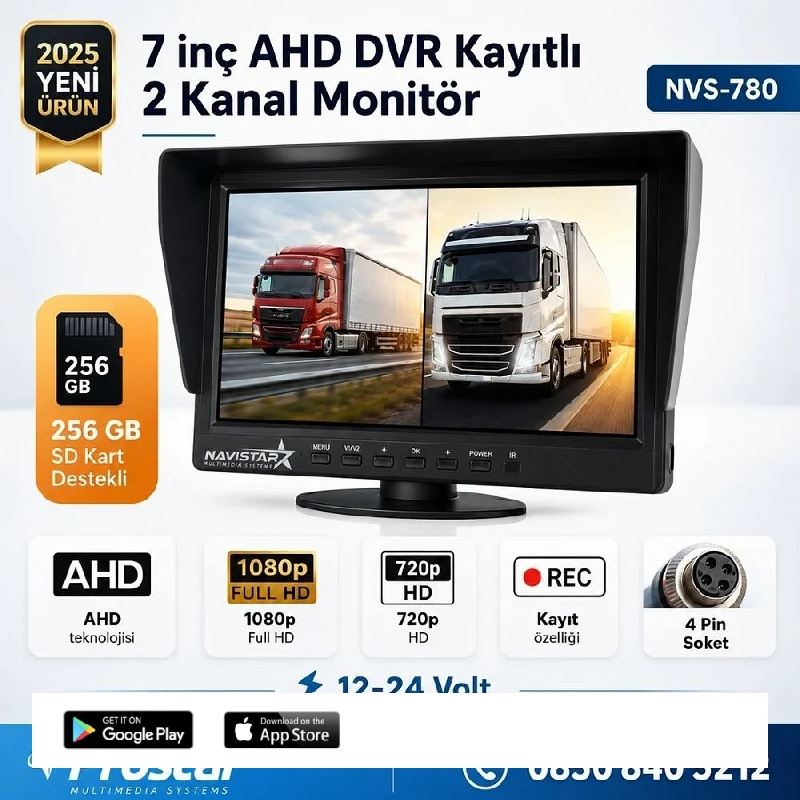 Kayıtlı 7 inç ikiye Bölen 2 Kanal Split AHD 1080P/720P destekli 4 Pin 256 GB SD Destekli Monitör