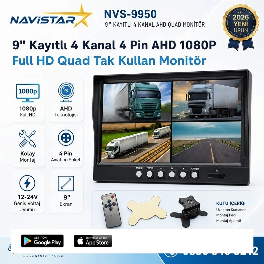 Kayıtlı 9 inç 4 Kanal Full HD AHD Analog Uyumlu Quad Araç Monitörü 12-24V