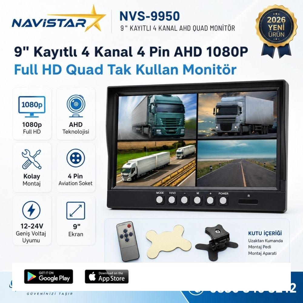 Kayıtlı 9 inç 4 Kanal Full HD AHD Analog Uyumlu Quad Araç Monitörü 12-24V