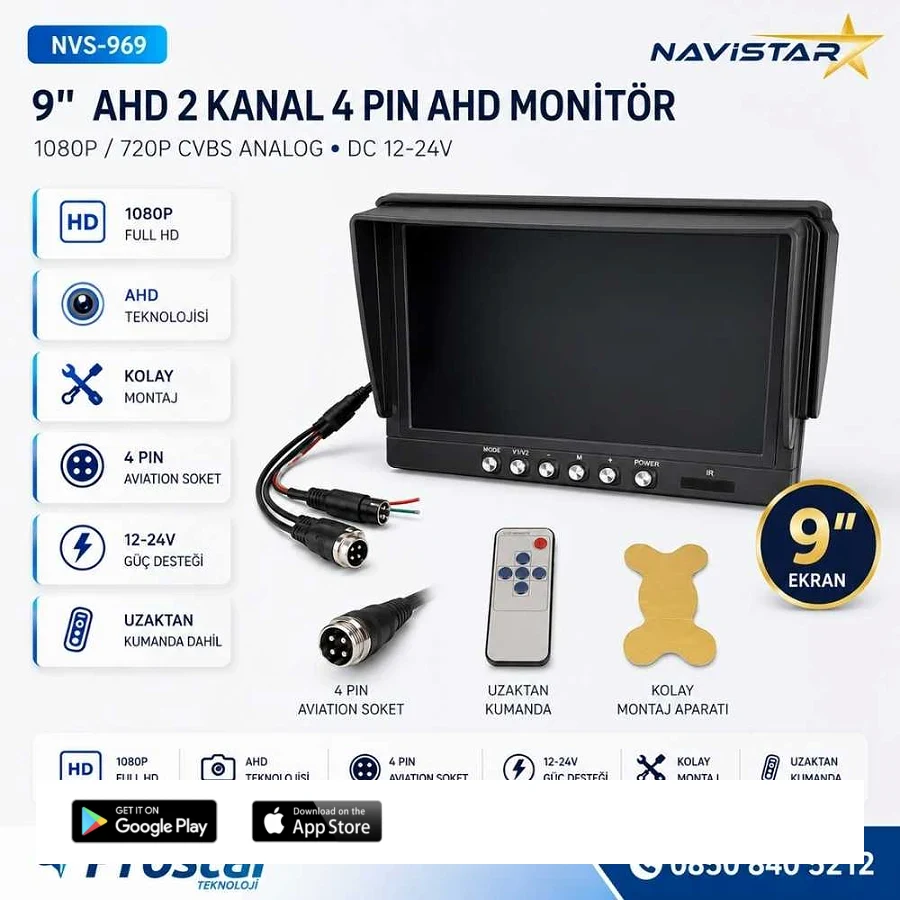 9 inç AHD 2 Kanal Full HD Araç Monitörü AHD 1080P/720P + CVBS Analog Uyumlu 12-24V