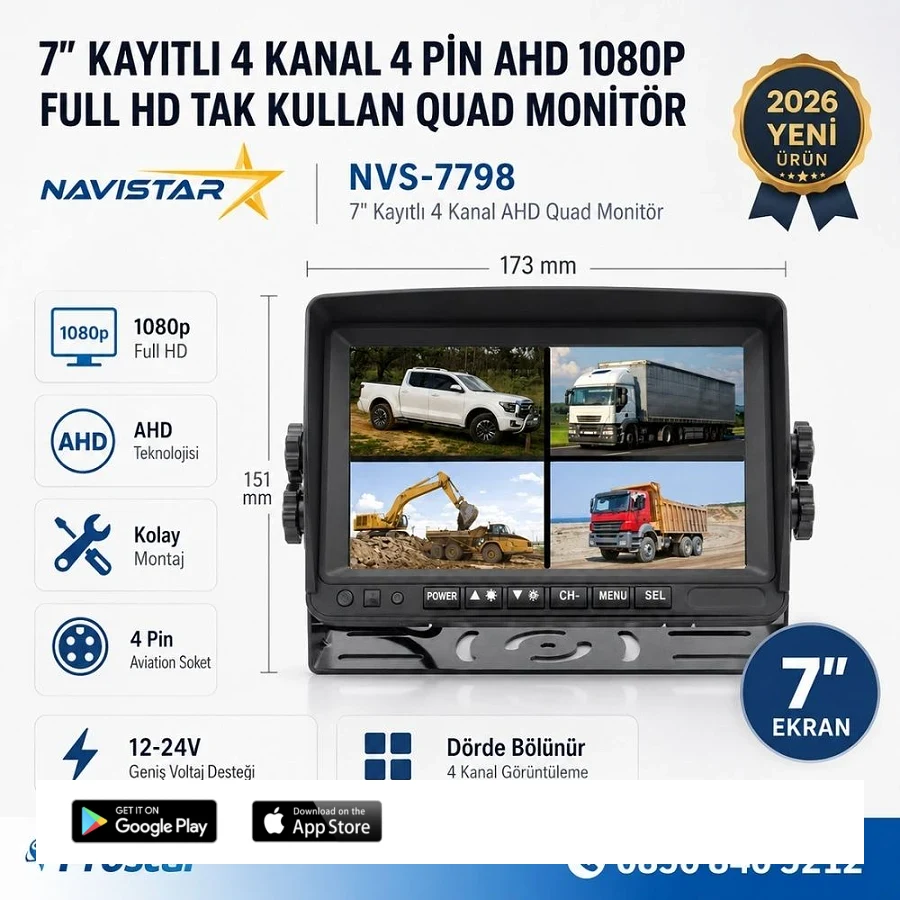 Kayıtlı 7 inç 4 Kanal Full HD Quad AHD/Analog 4 Pin Araç Monitörü 256 GB SD Kart Destekli 12-24V