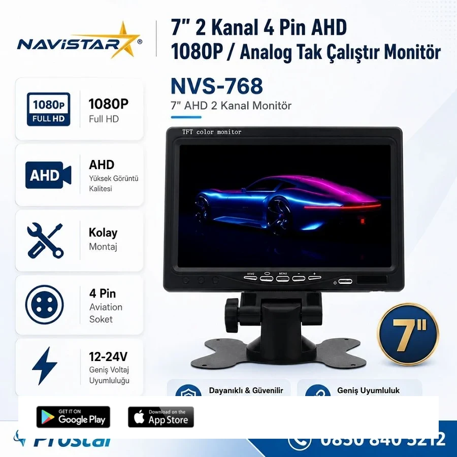 7 inç 2 Kanal Full HD AHD/Analog Tak Kullan Araç Monitörü Ayna Görüntüsü Ayarlı + Park Çizgisi 12-24V