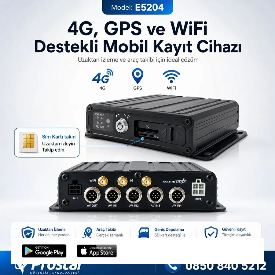 SD Kartlı Uzaktan izlemeli 4 Kanal 1080P GPS 4G WIFI  E5204 Profesyonel Mobil DVR Kayıt Cihazı