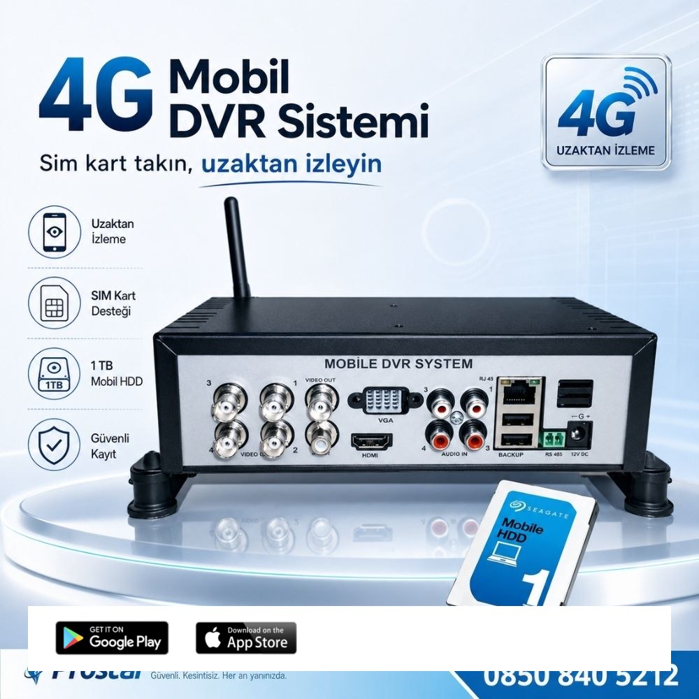 1 TB Harddisk Dahil 4 Kanal Uzaktan izlemeli 4G Modül Dahil Sim Kart Tak Kullan Xmeye 5 MP Araç Kayıt Cihazı