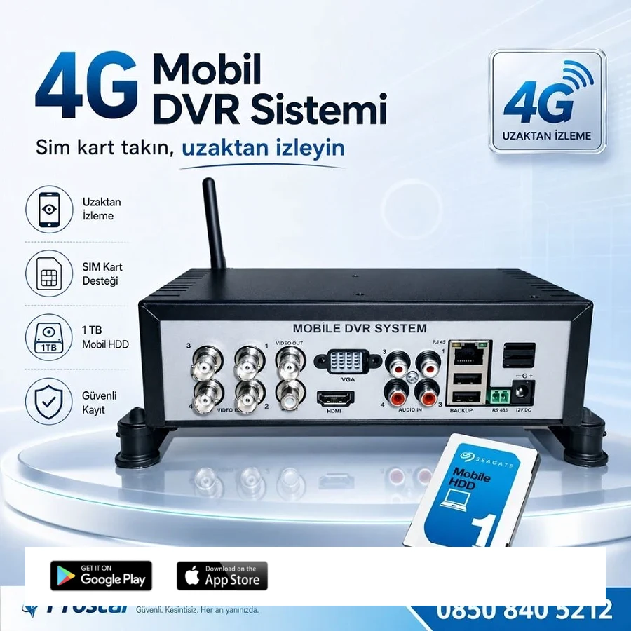 1 TB Harddisk Dahil 4 Kanal Uzaktan izlemeli 4G Modül Dahil Sim Kart Tak Kullan Xmeye 5 MP Araç Kayıt Cihazı