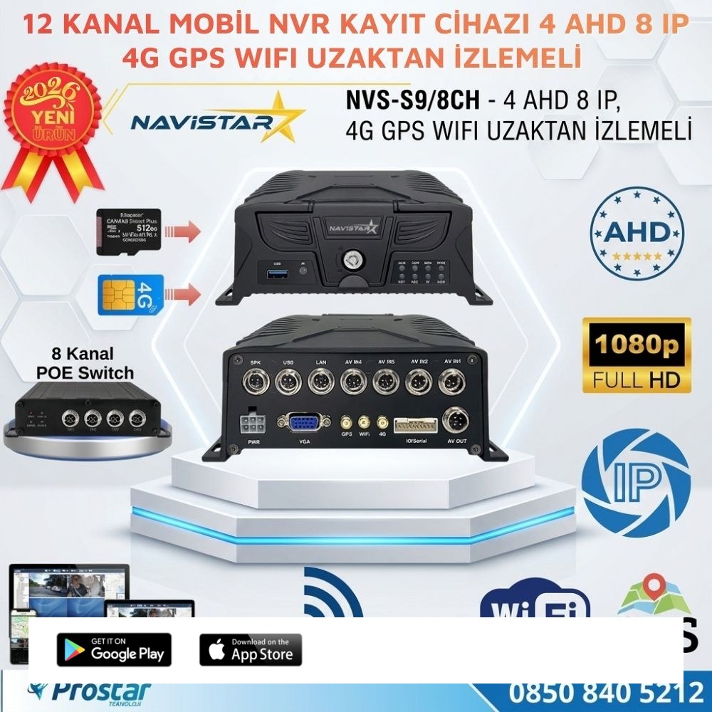 12 Kanal Profesyonel Mobil NVR/DVR Filo Güvenlik ve Takip Sistemi (4 AHD + 8 IP, 4G, GPS, WiFi, Endüstriyel Kara Kutu)