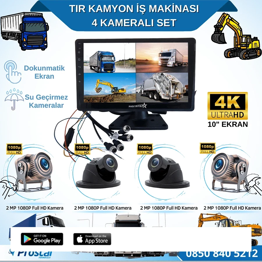 4 Kameralı 10 Inç Dokunmatik Ekranlı 256 Gb Sd Destekli Tır Kamyon İş Makinası Tak Kullan Kamera Seti