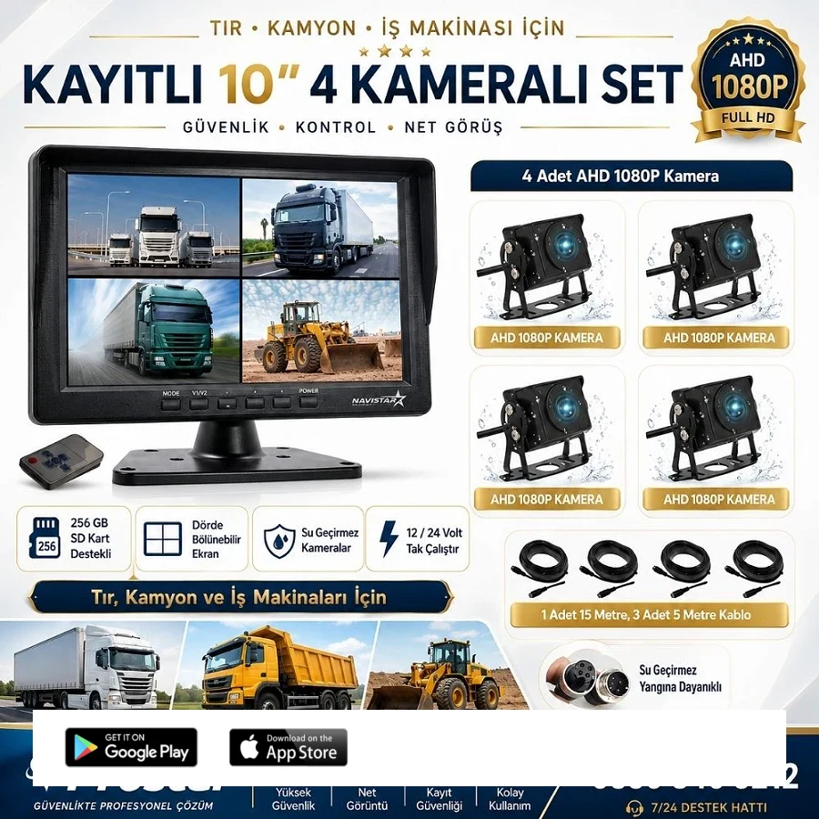 Kayıtlı 10" Dört Kameralı 256 Gb Sd Destekli Ahd Tır Kamyon Ve İş Makinaları Için 12  24 Volt Tak Kullan Kamera Seti
