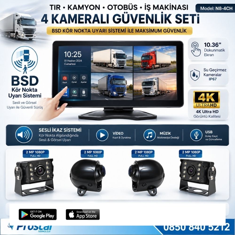 Tır ve Kamyon 10.36" Dokunmatik 4 kameralı 256 GB Destekli Kör Nokta Uyarı Sistemli Kamera Seti