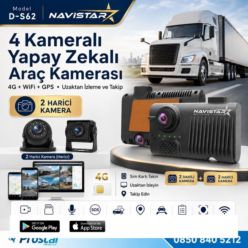 4 Kameralı 4G Uzaktan izlemeli GPS Wifi Yapay Zekalı Akıllı Dashcam Kamyon Tır Kamera Sistemi