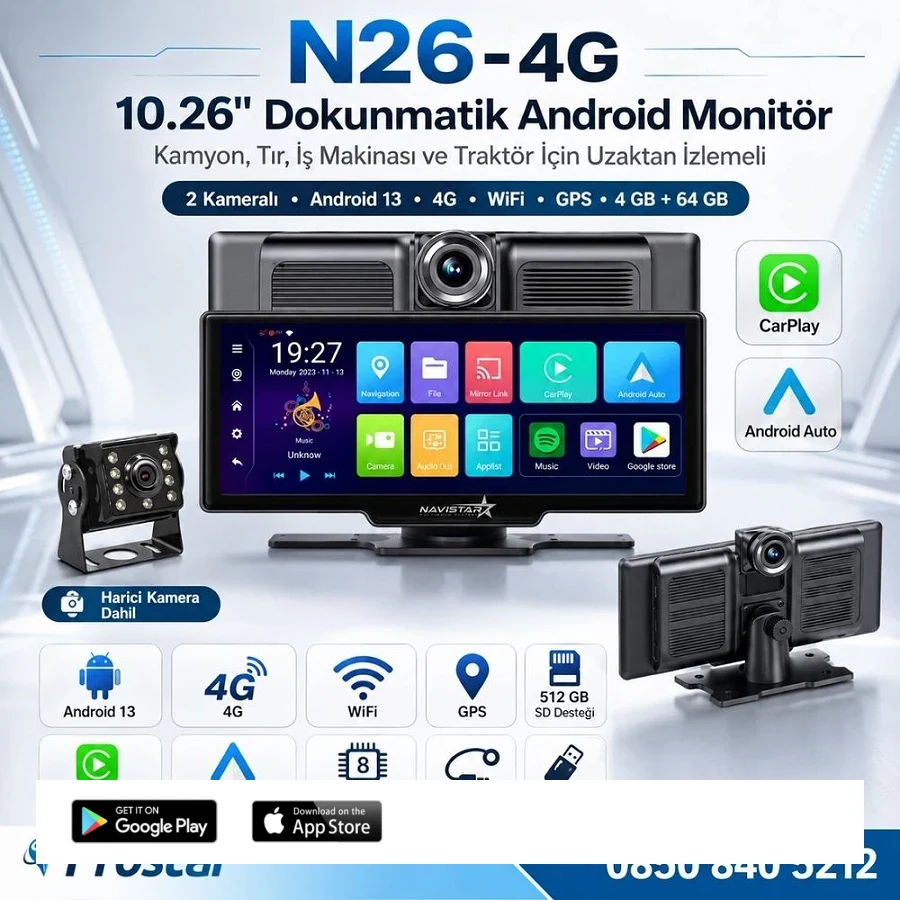 Kamyon Tır için Kayıtlı 2 Kameralı Android 13 WIFI GPS 4G Uzaktan izlemeli 4 GB + 64 GB Carplay 512 GB Destekli Tak Kullan Kamera Seti