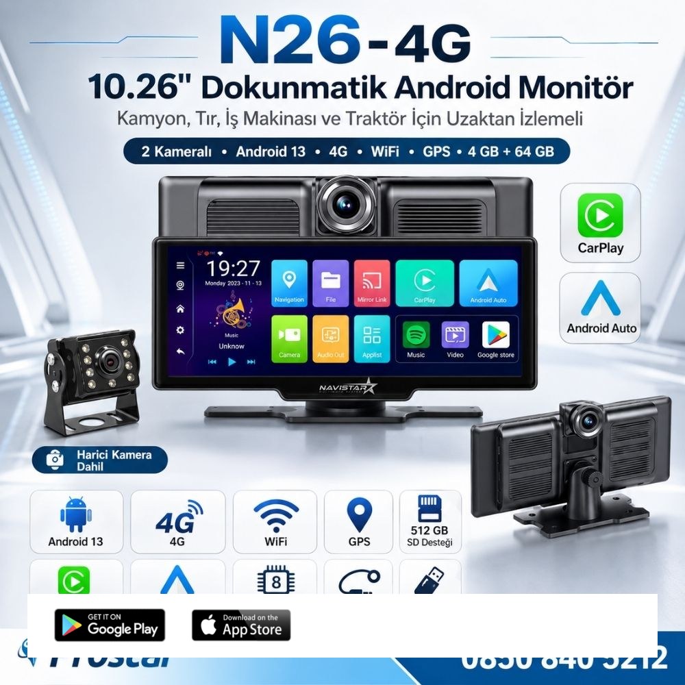 Kamyon Tır için Kayıtlı 2 Kameralı Android 13 WIFI GPS 4G Uzaktan izlemeli 4 GB + 64 GB Carplay 512 GB Destekli Tak Kullan Kamera Seti