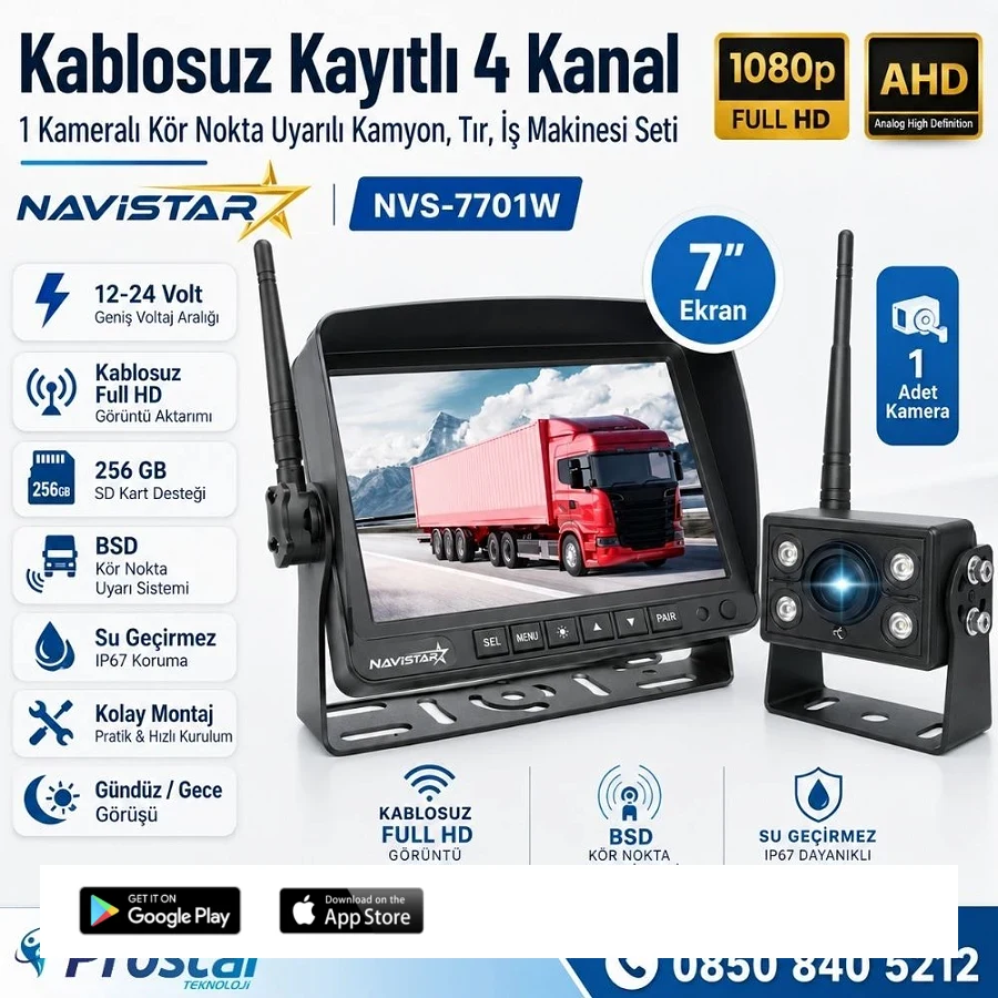 Kablosuz Kameralı 7 inç Kayıtlı Monitör Full HD BSD Kör Nokta Uyarı Sistemli Tak Kullan Kamera Seti
