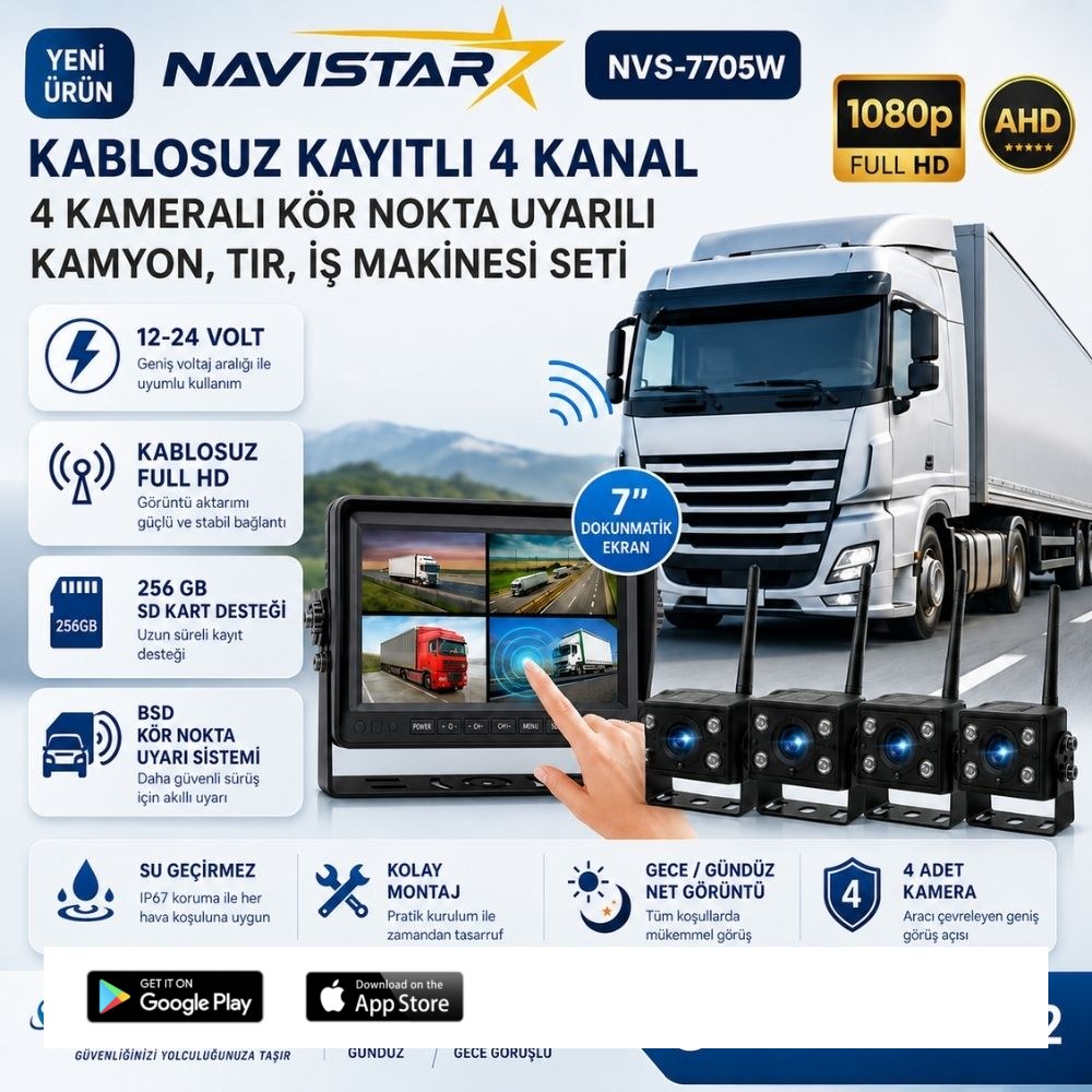 4 Kablosuz Kameralı 7 inç Kayıtlı Monitör Full HD BSD Kör Nokta Uyarı Sistemli Tak Kullan Kamera Seti