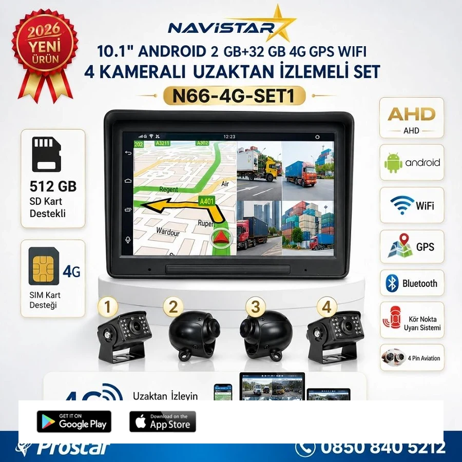 10 inç Android 4G Uzaktan izlemeli, 4 Kameralı, Wifi, GPS, Bluetooth 2 GB + 32 GB ve 512 GB SD Kart Destekli Set