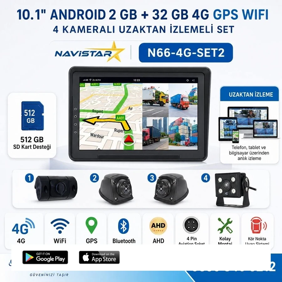 4G Uzaktan izlemeli 10 inç Android, 4 Kameralı, Wifi, GPS, Bluetooth 2 GB + 32 GB ve 512 GB SD Kart Destekli Set