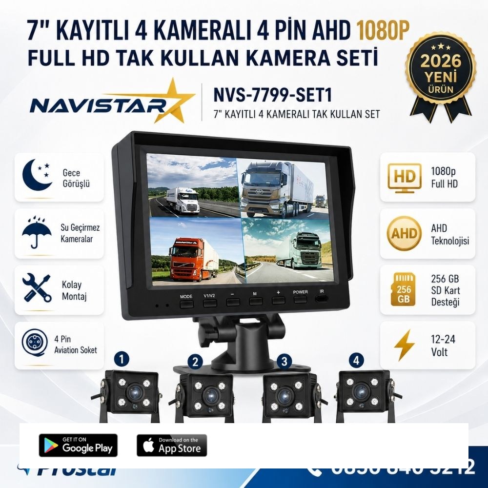 7 inç Kayıtlı 4 Kameralı Full HD Araç Kamera Sistemi AHD 1080P 256GB SD Kart Destekli Gece Görüşlü Tak Kullan Set