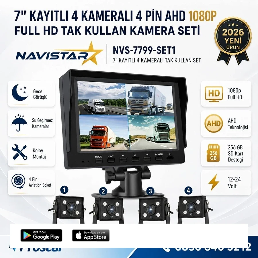 7 inç Kayıtlı 4 Kameralı Full HD Araç Kamera Sistemi AHD 1080P 256GB SD Kart Destekli Gece Görüşlü Tak Kullan Set