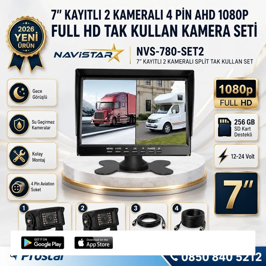 7 inç 2 Kameralı Kayıtlı 1080P Full HD Araç Güvenlik ve Geri Görüş Seti (12-24V)