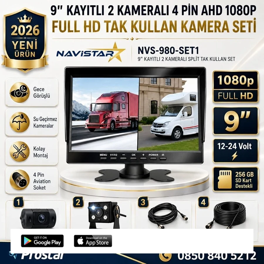 9 inç Geniş Ekran Kayıtlı 1080P Full HD 2 Kameralı Araç Güvenlik ve Geri Görüş Seti (12-24V)