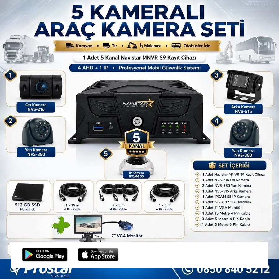 5 Kameralı Profesyonel Araç Kamera Seti 4 AHD + 1 IP | Kamyon, Tır, Otobüs, İş Makinası Uyumlu