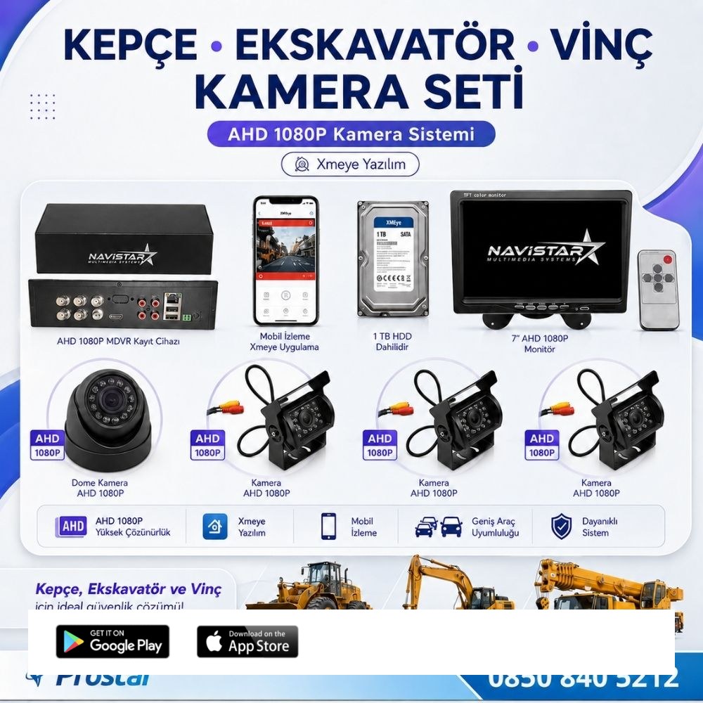 Uzaktan İzlemeli 4 Kameralı Ekskavatör Dozer Greyder Vinç Kepçe 1 Tb Harddisk Kamera Seti
