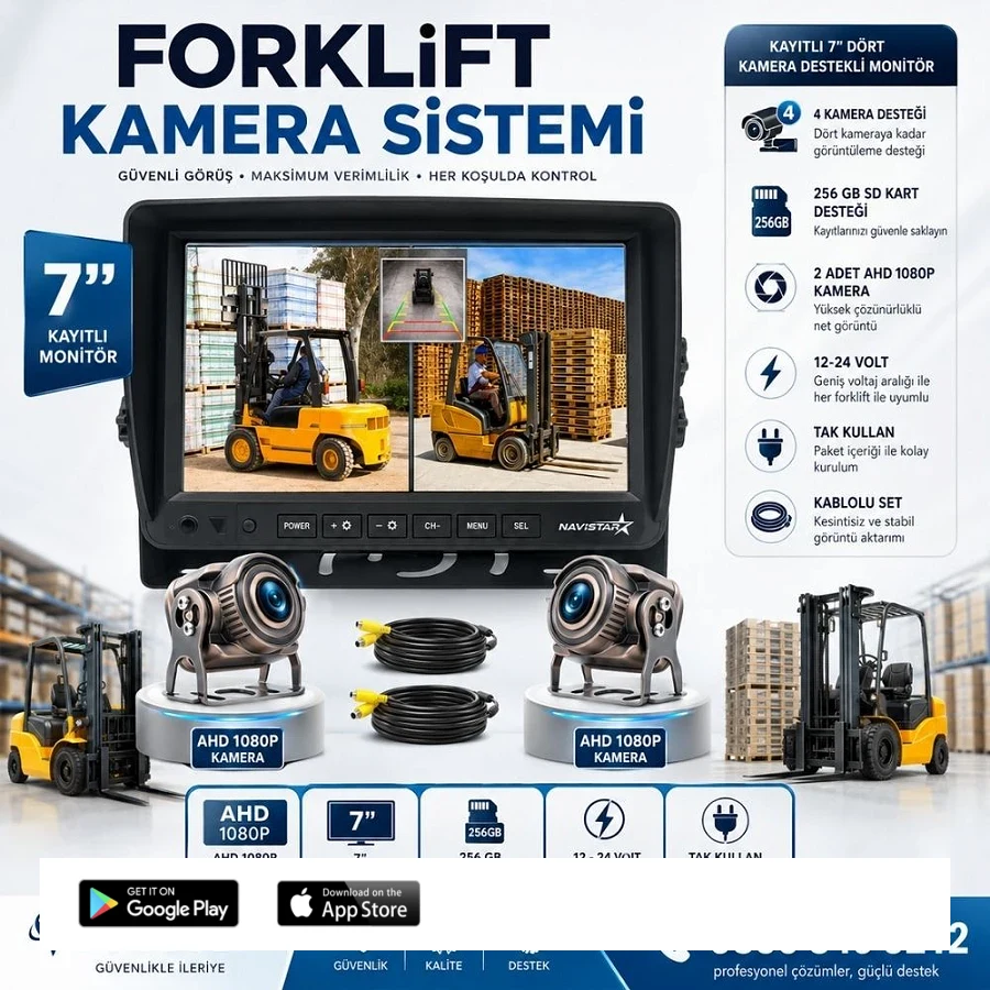Forklift Kamera Sistemi Reach Truck 2 Kameralı 7 Inç Monitörlü Kayıtlı Kamera Seti
