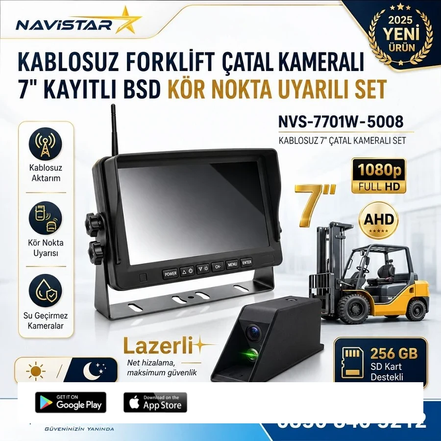 Kablosuz Lazerli Çatal Kameralı 7 inç Kayıtlı Forklift Kamera Sistemi Lazerli Kör Nokta Uyarılı 1080P Full HD Gece Görüşlü